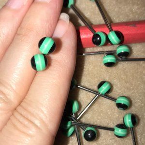 14 Gauge Black with green and white stripe design tongue ring